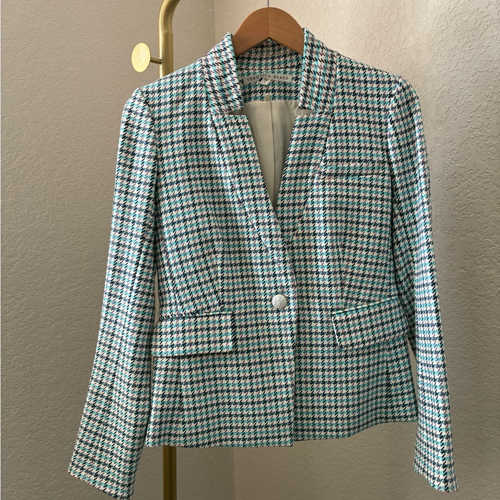 Veronica Beard Houndstooth Blazer - Blue, white and maroon.